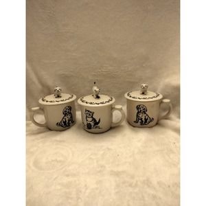 3 Rare Vintage Ceramic Kitten and Puppy Soup Mugs with Lids
